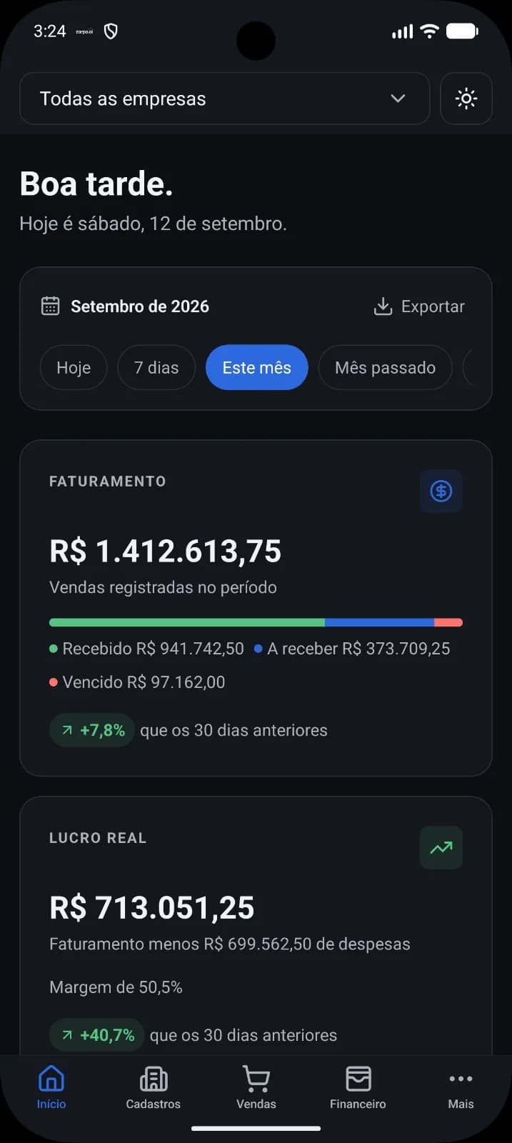 Tela do aplicativo mobile do organiza.tech mostrando faturamento, lucro e margem do período.